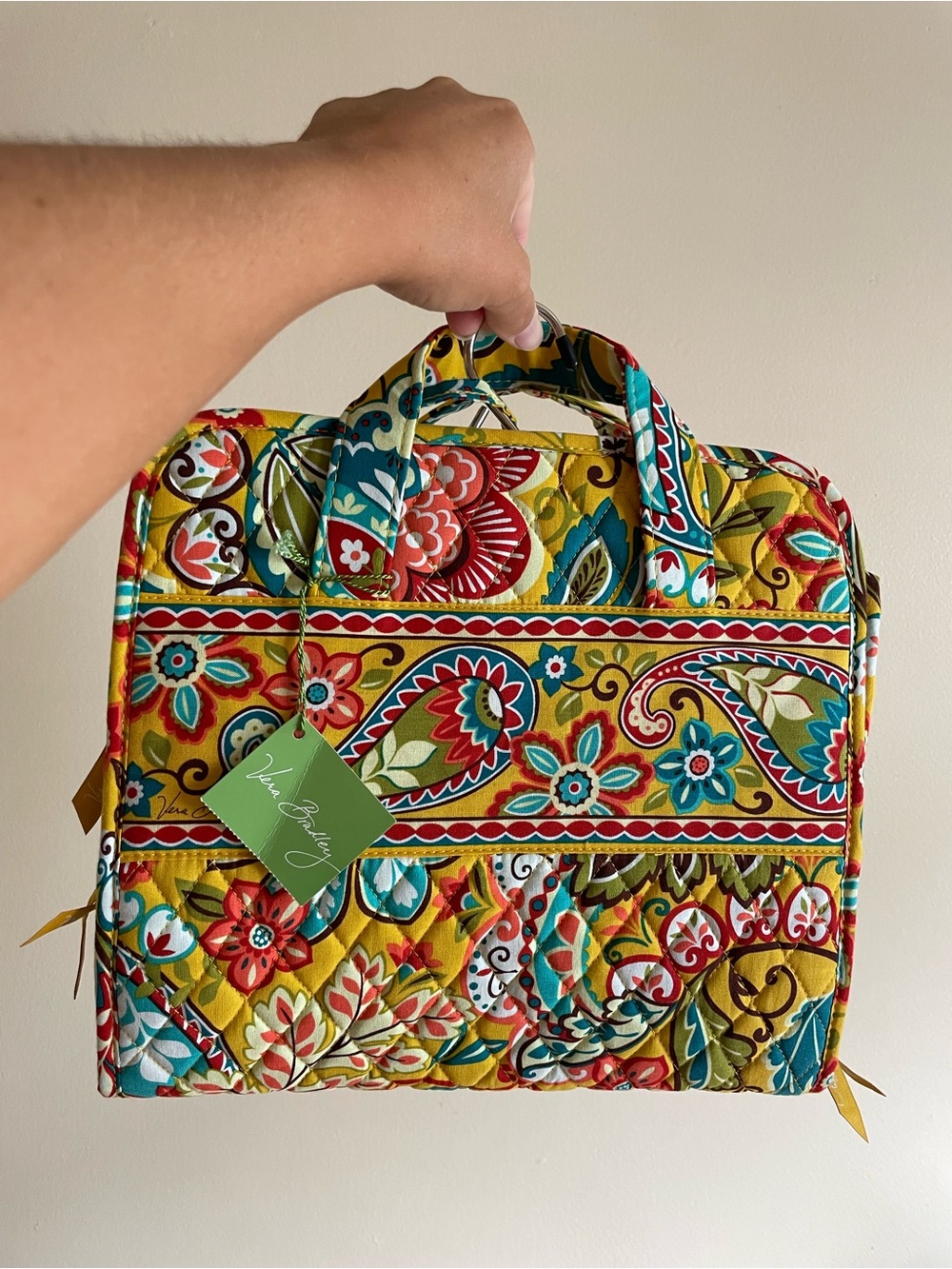 Vera Bradley Yellow Paisley Quilted Laptop Tote with Multicolor Floral Print